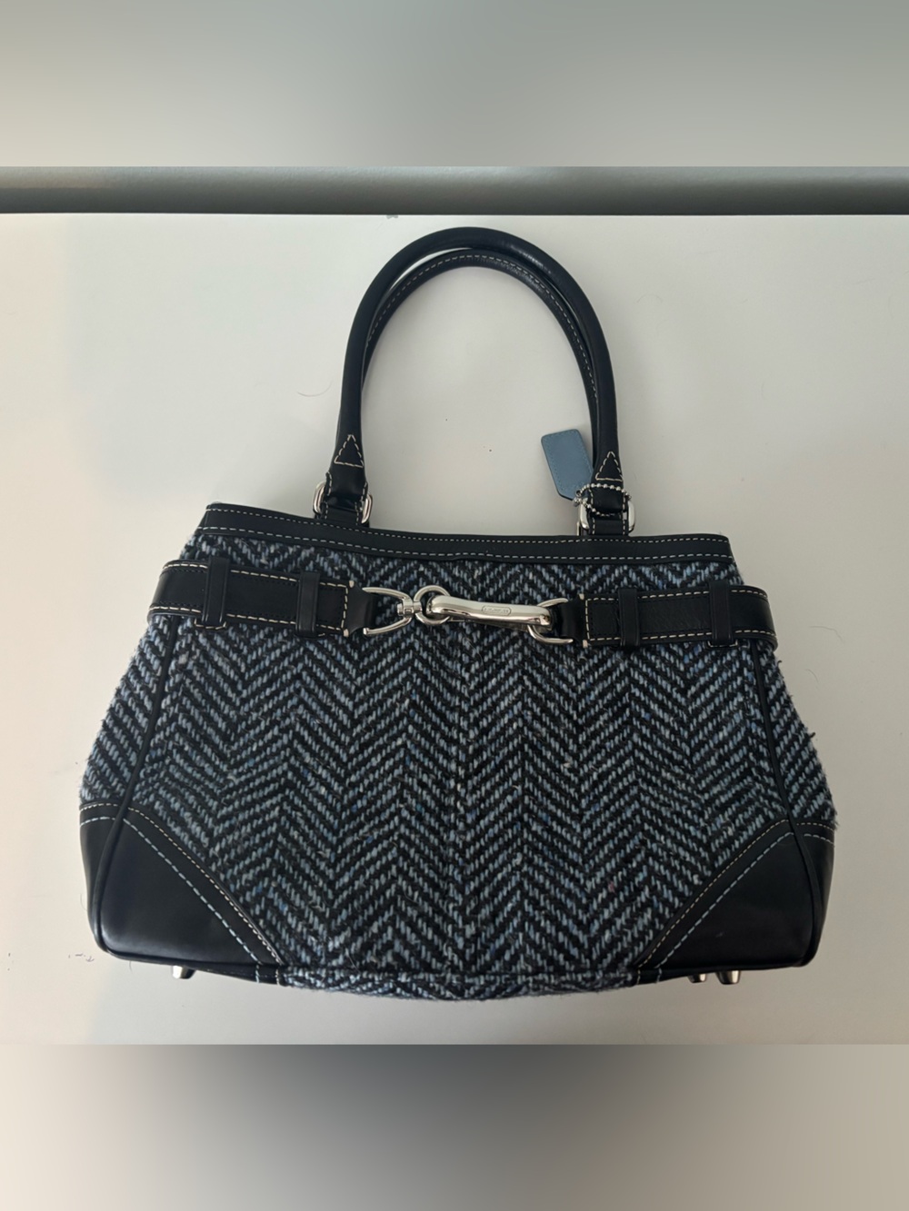 Coach - Structured Black & blue Herringbone Satchel